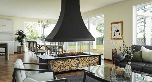 Preview: Gaskamin Panorama 130 mit Stahlhaube, unten nur Beispiel