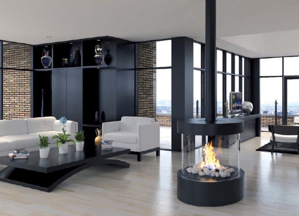 Gas Fireplace Panorama 360 with flat Hood and Pedestal
